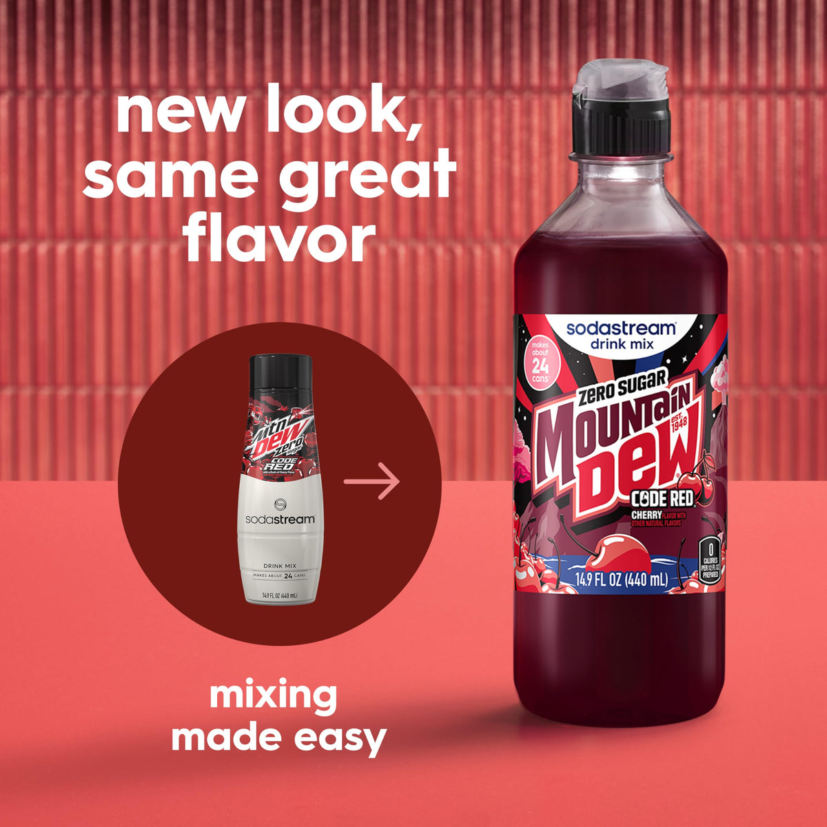 SodaStream MTN Dew Code Red Zero pour bottle showing easy flavor mixing.
