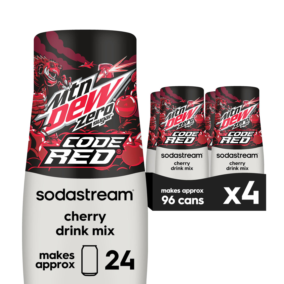 SodaStream MTN Dew Code Red Zero Sugar drink mix label close-up showing zero sugar