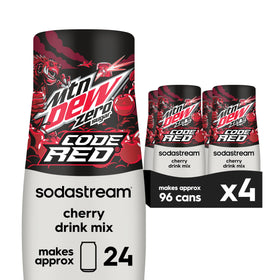 SodaStream MTN Dew Code Red Zero Sugar drink mix label close-up showing zero sugar