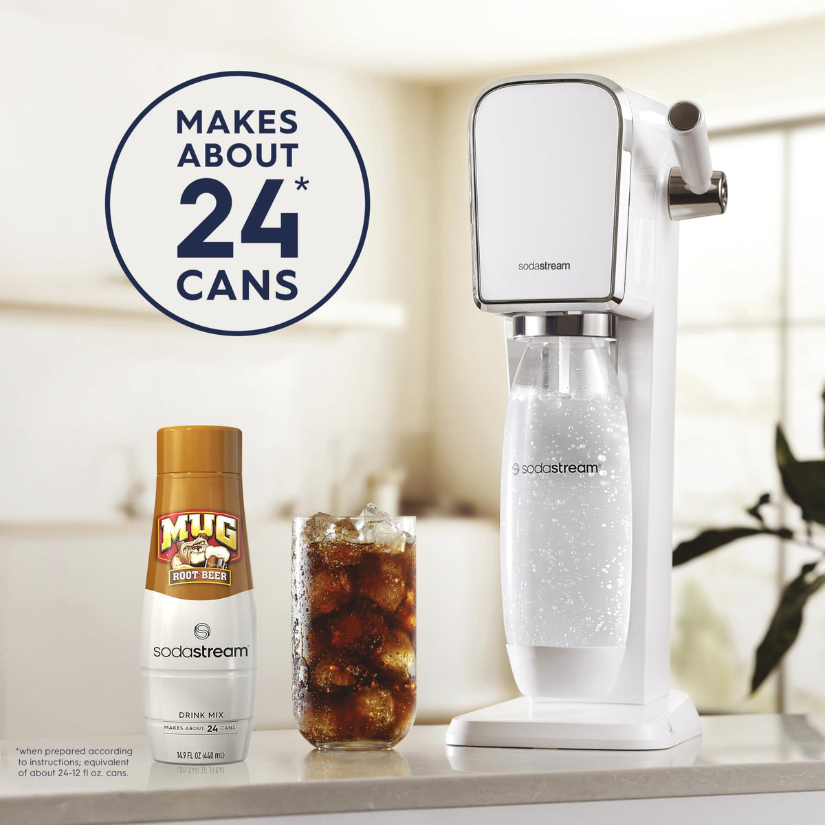 SodaStream MUG Root Beer drink mix with glass and creamy foam.