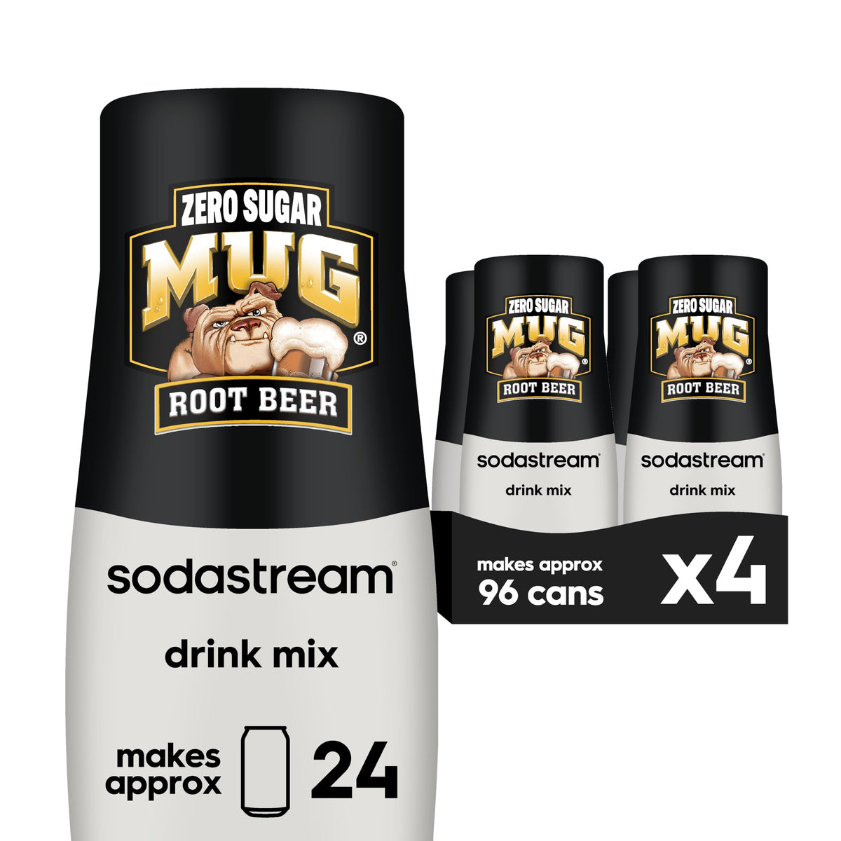 SodaStream Mug Root Beer Zero Sugar drink mix 440ml bottle closeup, rich flavor potential.