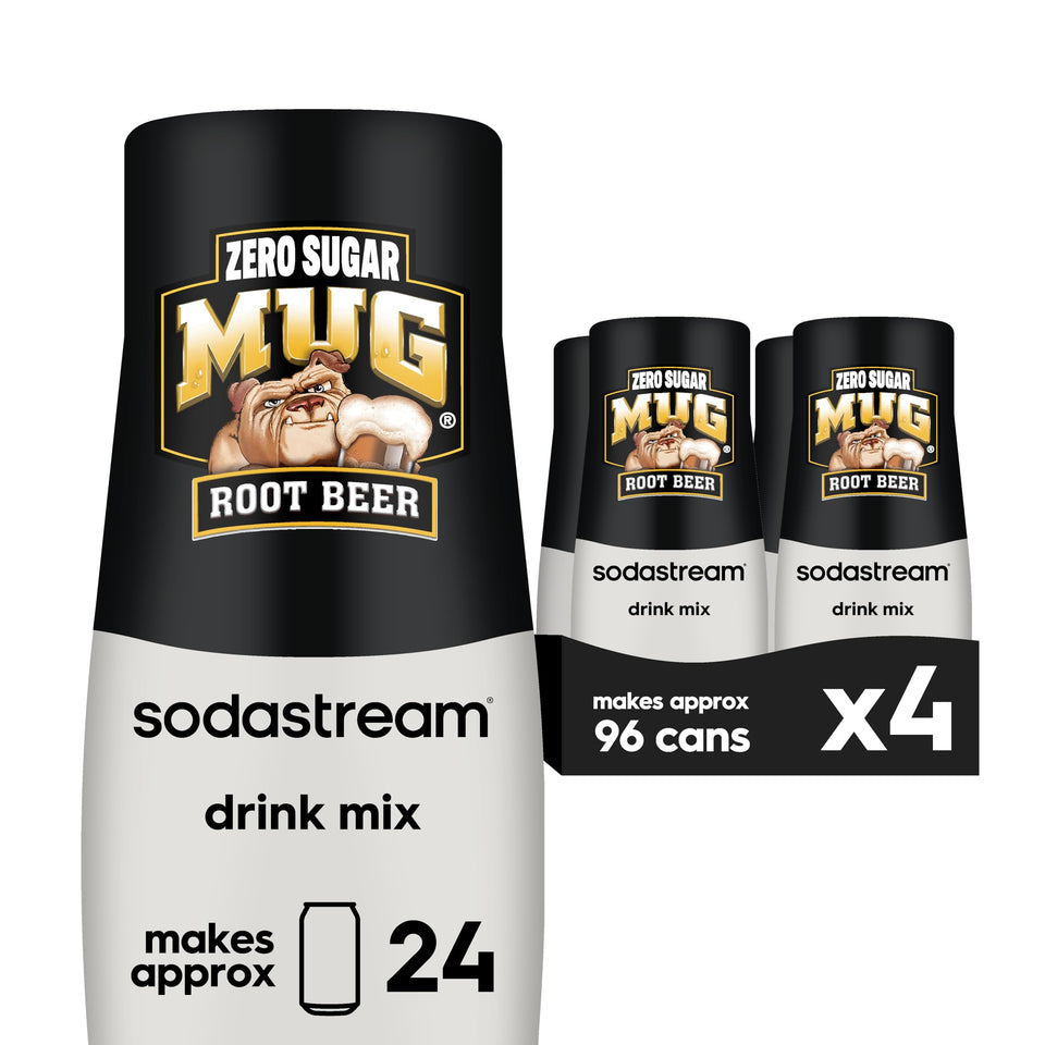 SodaStream Mug Root Beer Zero Sugar drink mix 440ml bottle closeup, rich flavor potential.