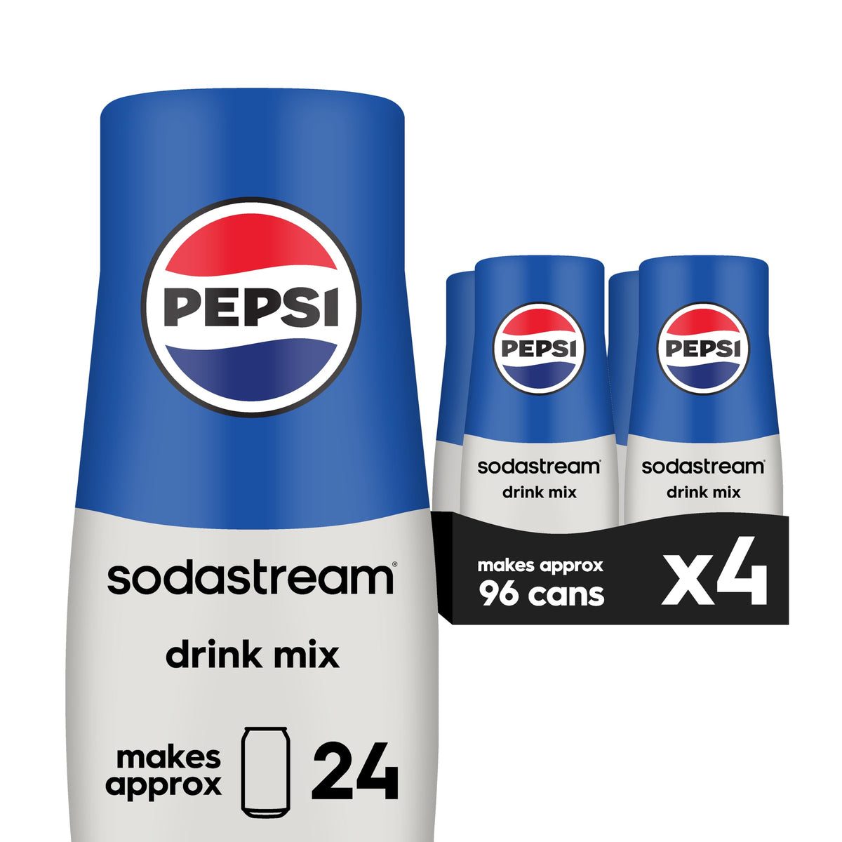 SodaStream Pepsi beverage mix four-pack on kitchen counter for customizable cola at home.