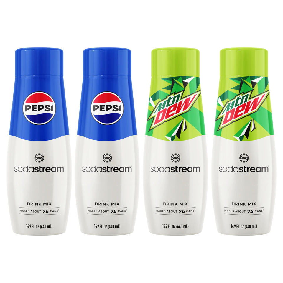 Sodastream Pepsi & MTN Dew bottle pour for zero-calorie flavor at home.