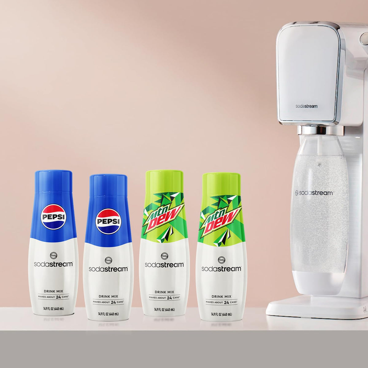 Sodastream Pepsi & MTN Dew serving in a chilled glass, perfect for parties.