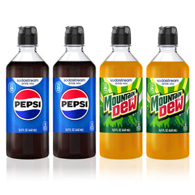 Sodastream Pepsi variety bottle pour highlights a calorie-free fizz for quick at home mixing.