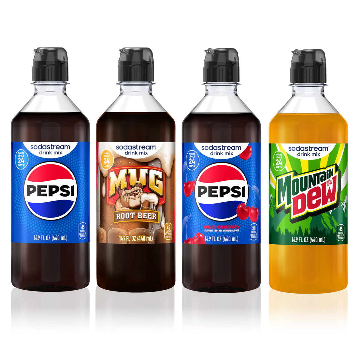 Sodastream Pepsi variety bottle pour with crisp, zero-calorie fizz