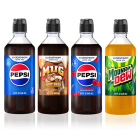 Sodastream Pepsi variety bottle pour with crisp, zero-calorie fizz