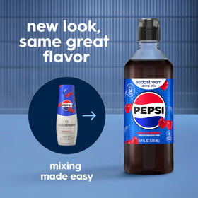 SodaStream Pepsi Wild Cherry bottle being poured into sparkling water