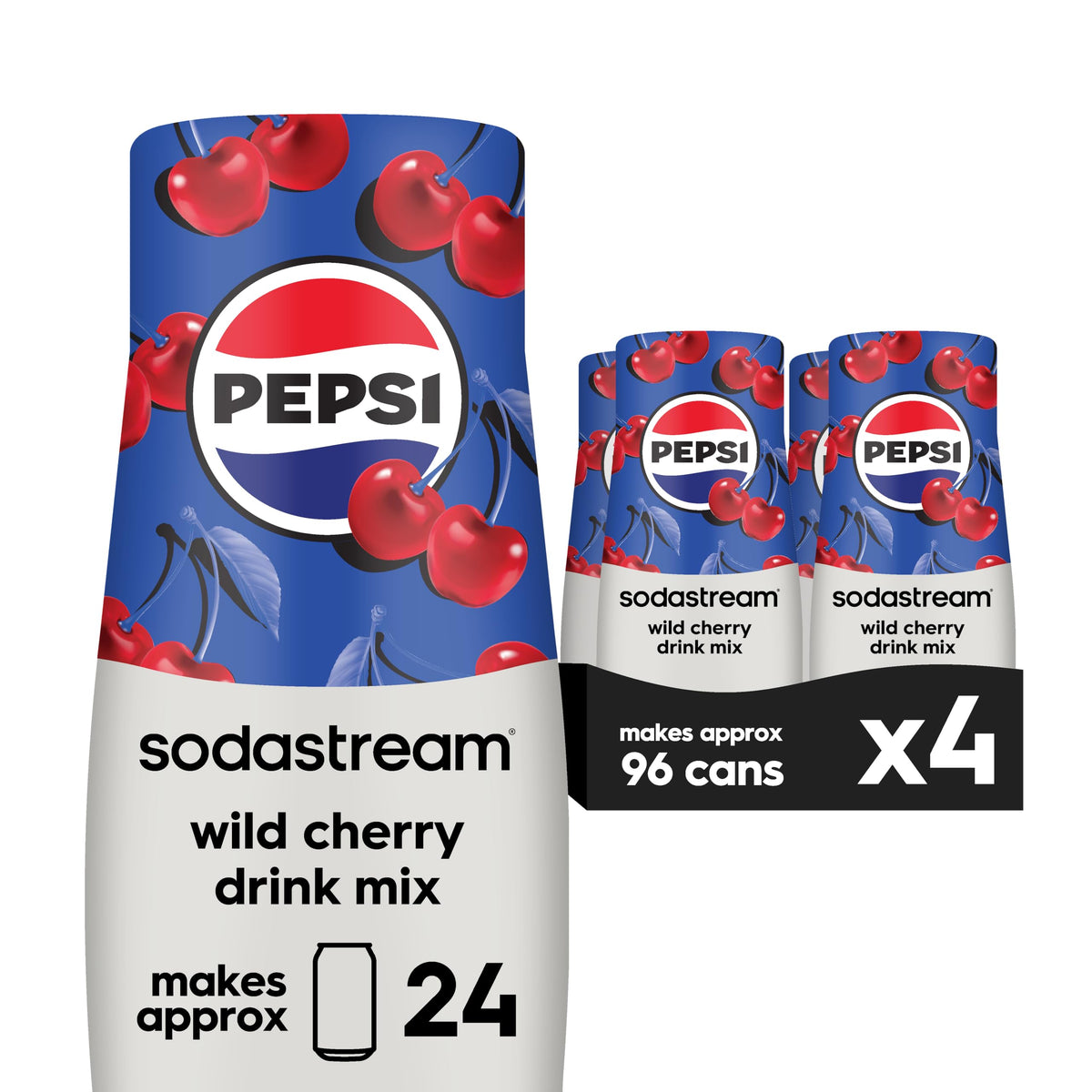 SodaStream Pepsi Wild Cherry drink mix pack shot, easy home entertaining with sparkling flavor