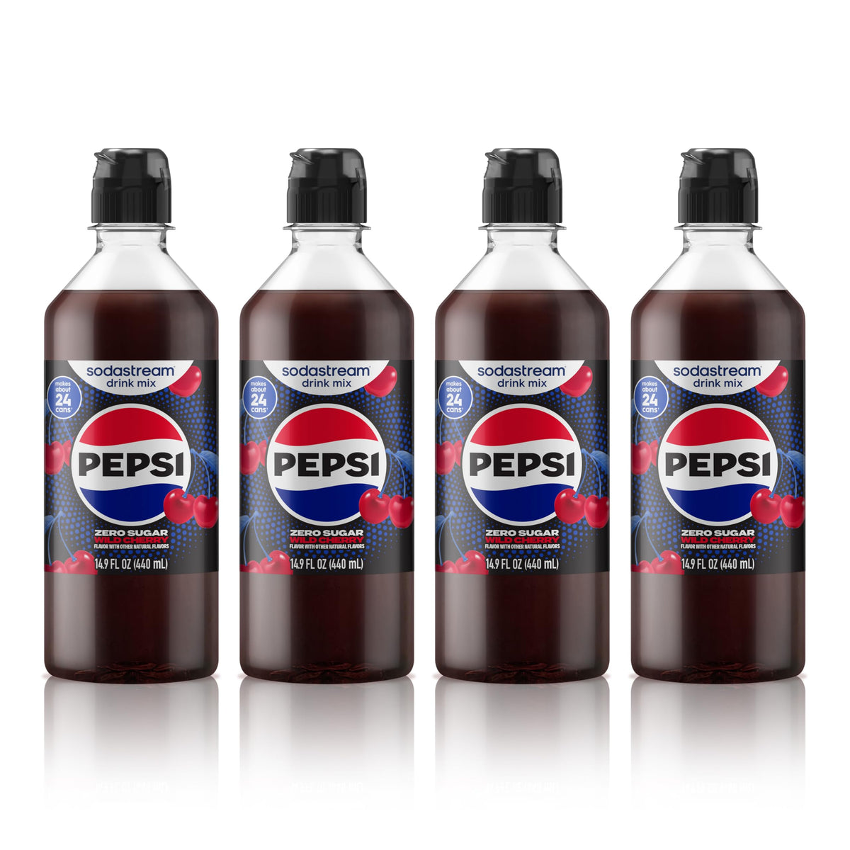 Sodastream Pepsi Wild Cherry Zero Sugar bottle front view for at-home flavoring