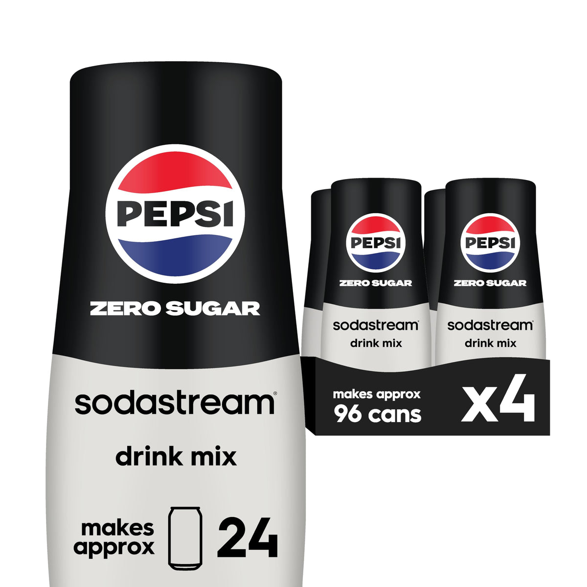 SodaStream Pepsi Zero Sugar beverage mix bottle ready for sugar-free cola at home.