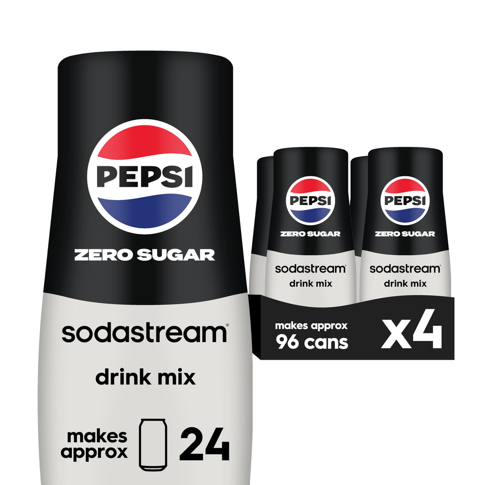 SodaStream Pepsi Zero Sugar beverage mix bottle ready for sugar-free cola at home.