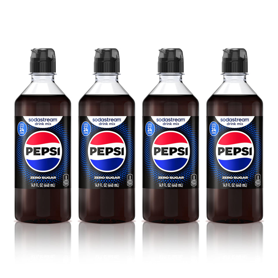 SodaStream Pepsi Zero Sugar New Pour bottle on kitchen counter for easy at-home fizz.