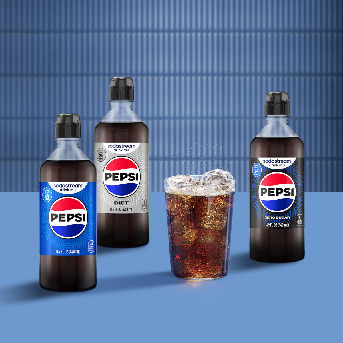 SodaStream Pepsi Zero Sugar New Pour glass with chilled fizzy drink.