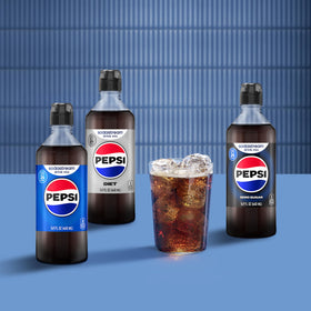 SodaStream Pepsi Zero Sugar New Pour glass with chilled fizzy drink.