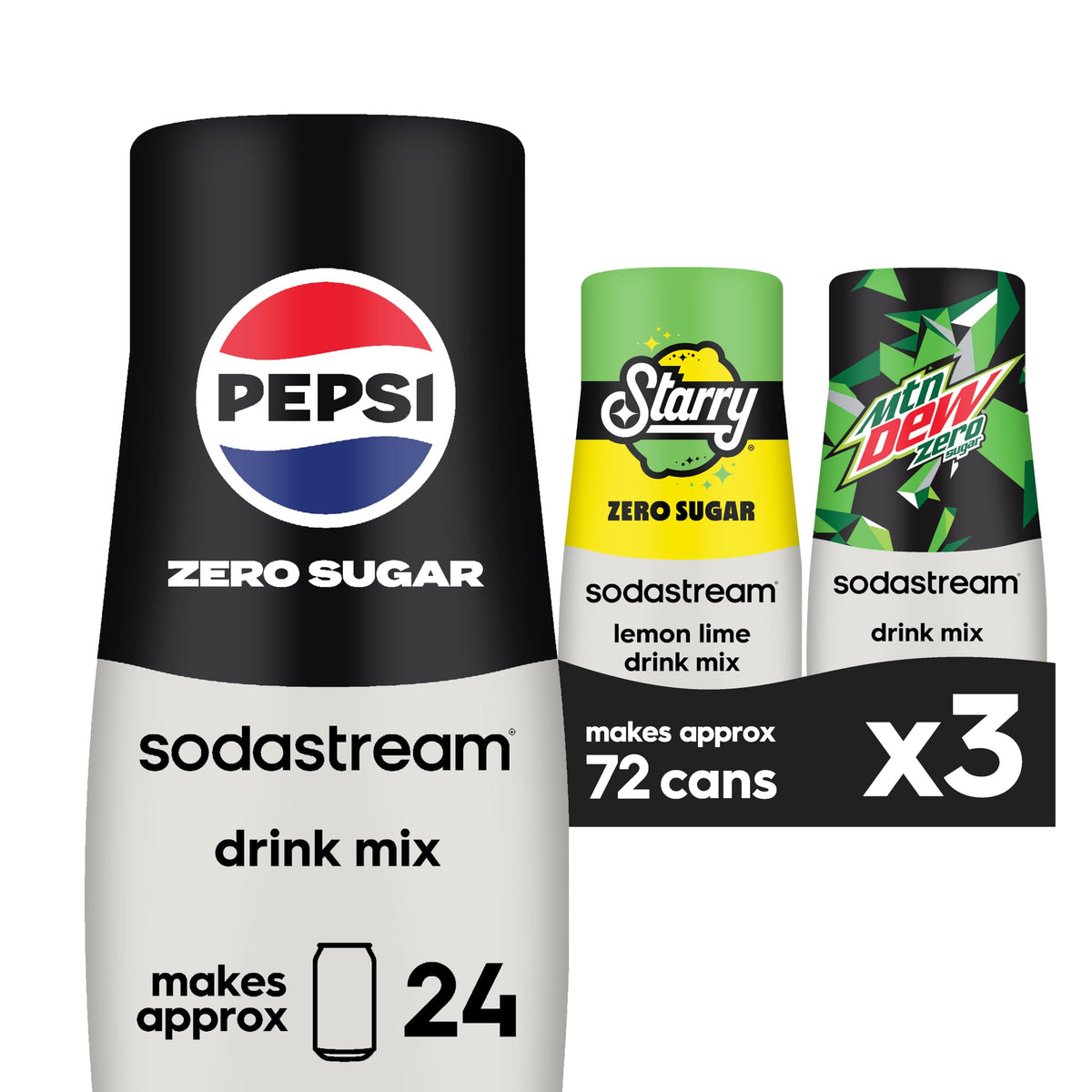 SodaStream Pepsi Zero Sugar pack pouring into sparkling water for zero-calorie flavor.