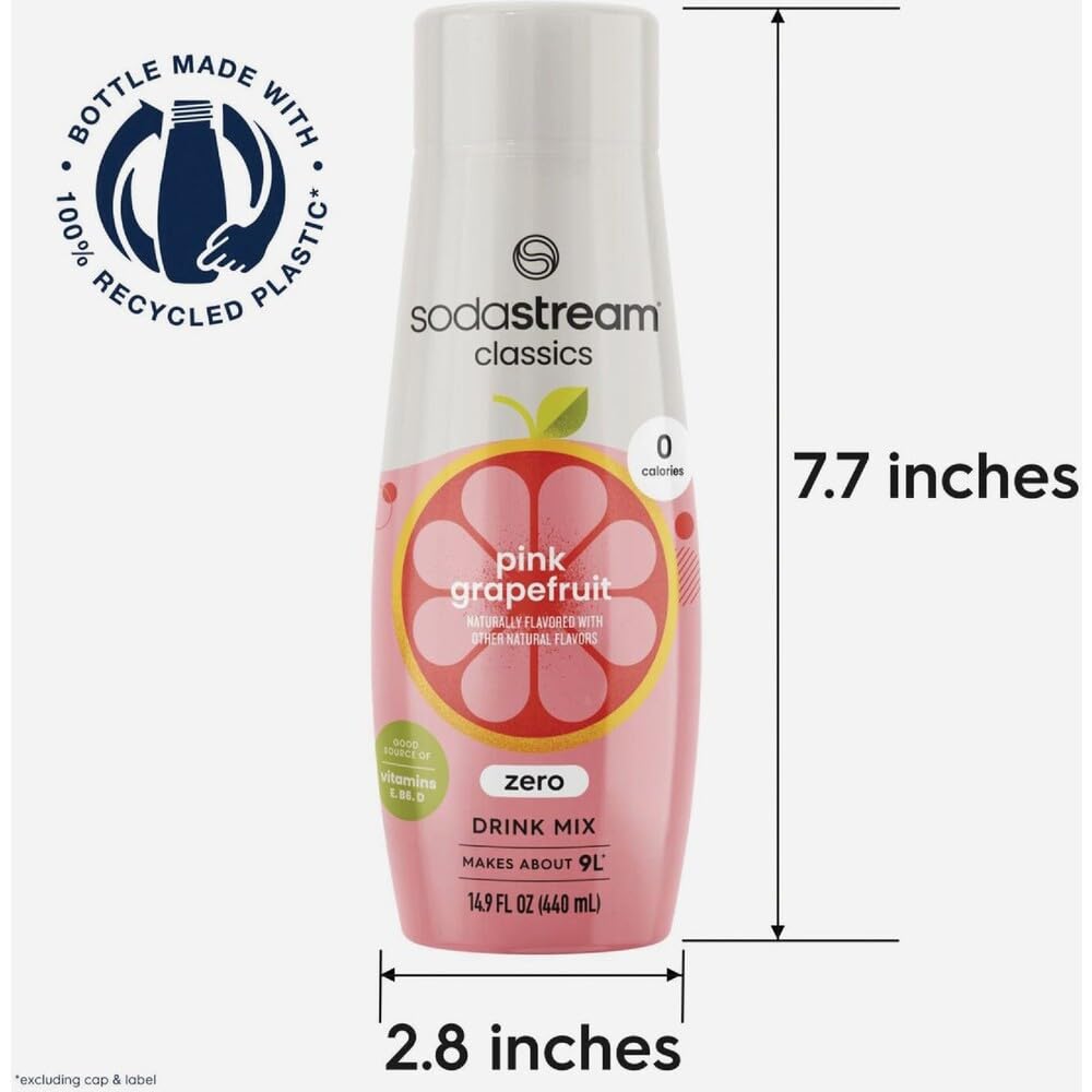 SodaStream Pink Grapefruit Zero Calorie Syrup pour showcasing easy, calorie-free flavor customization.
