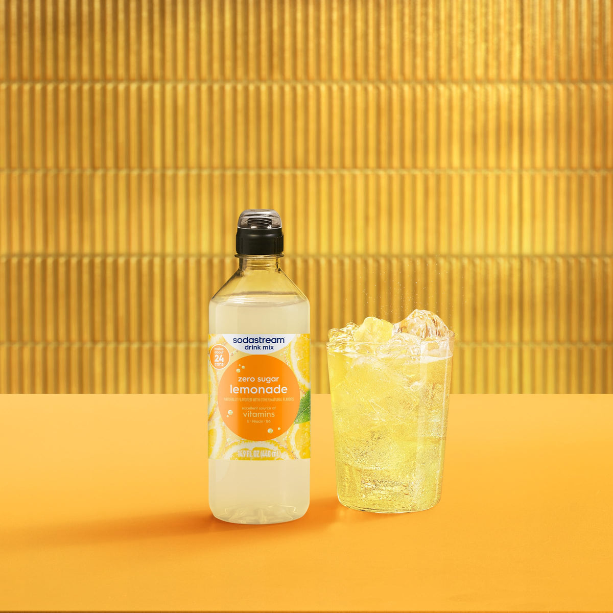 SodaStream zero-lemonade eco bottle highlights recycled packaging.