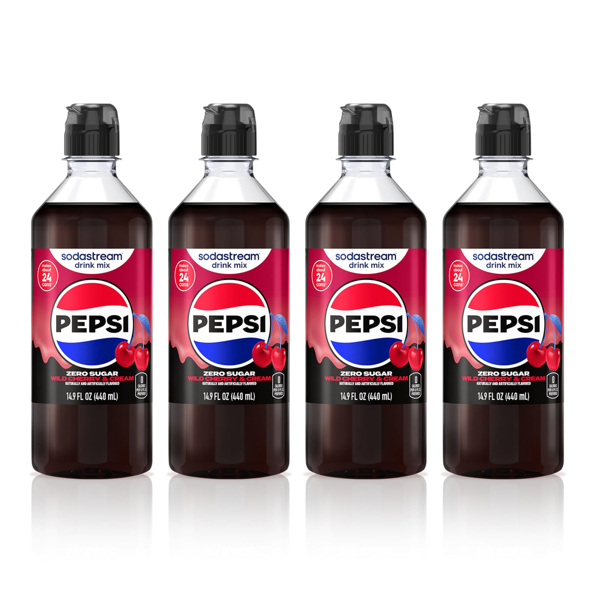 SodaStream Zero Wild Cherry Pepsi & Cream four-pack bottles show convenient, calorie-free flavor at home