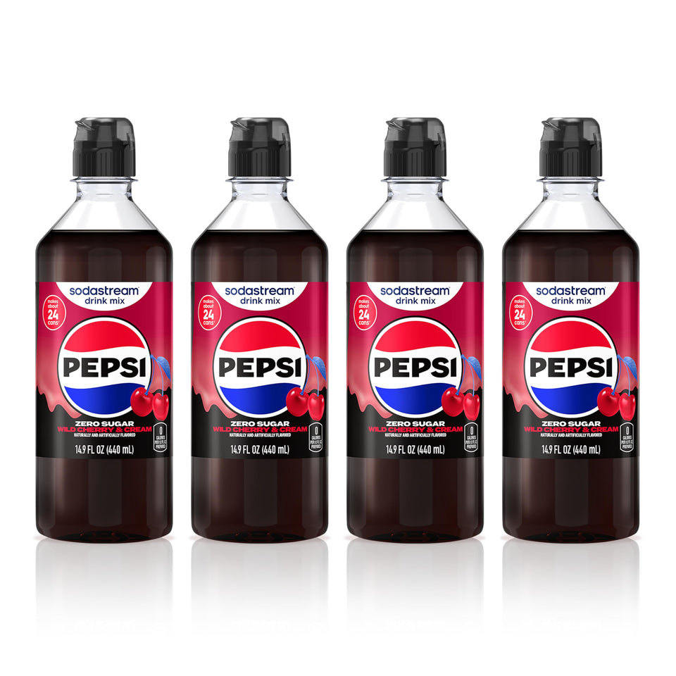 SodaStream Zero Wild Cherry Pepsi & Cream four-pack bottles show convenient, calorie-free flavor at home
