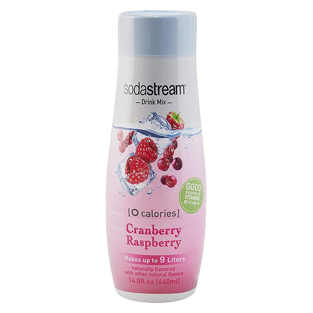 SodaStream Zeros Cranberry Raspberry bottle – vibrant flavor with vitamins B3, E, B6 and D.