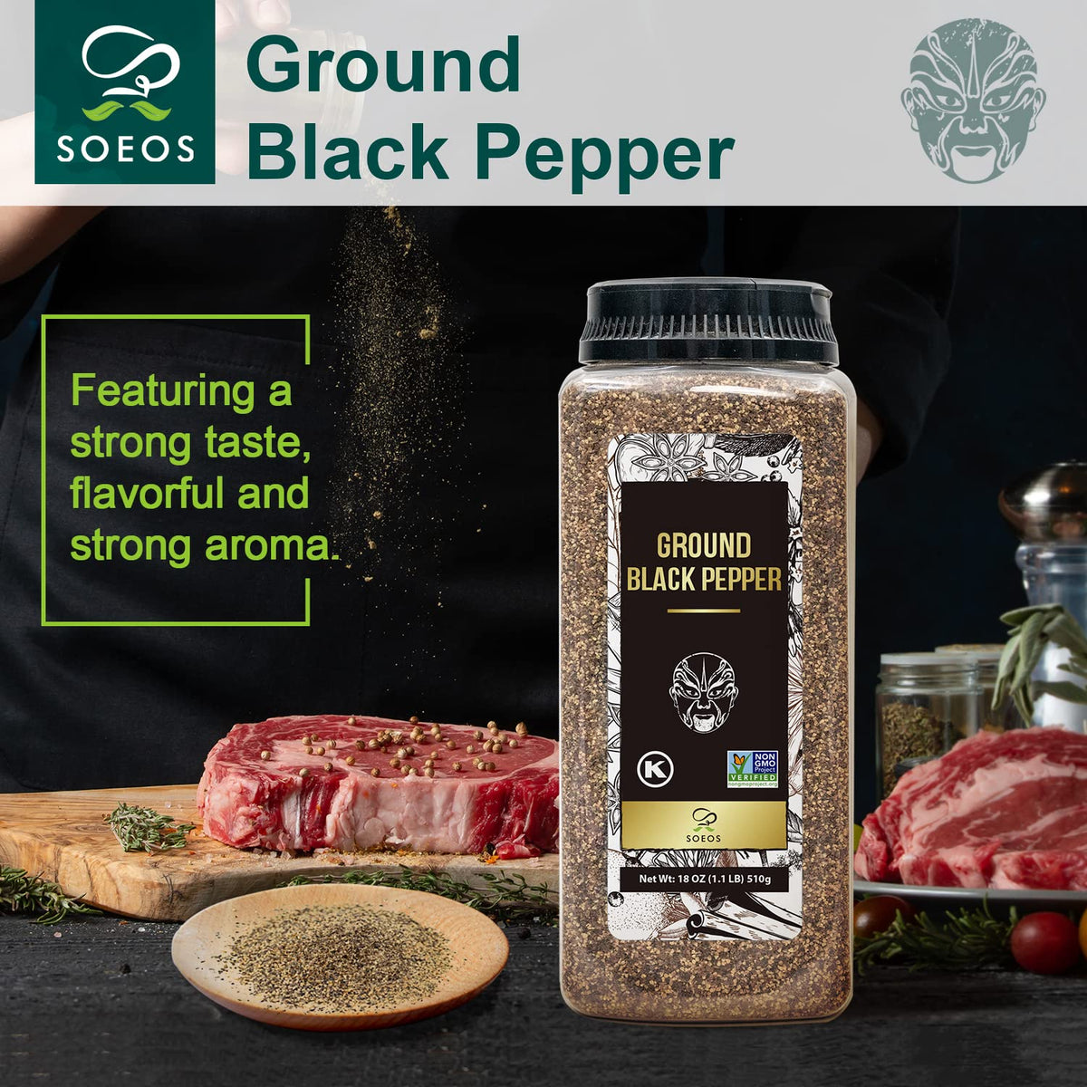 Soeos black pepper grains close-up showing premium quality peppercorns.