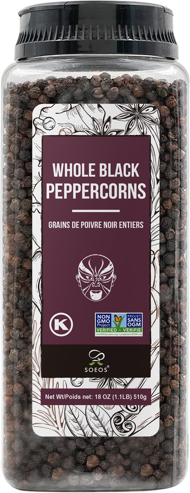 Soeos black peppercorns 18oz bottle showing whole peppercorns for fresh grinding and flavor