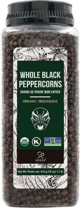 Soeos Black Peppercorns 18oz pack front, ready for fresh grinding.