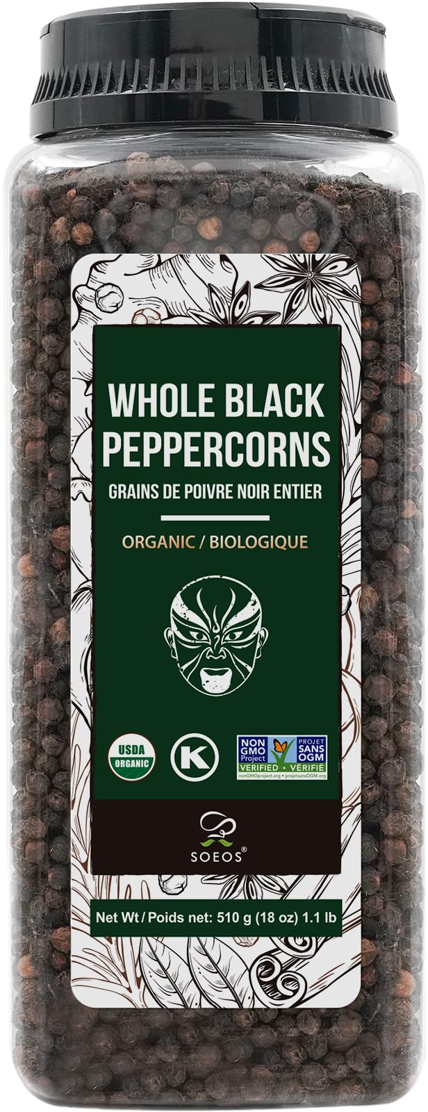 Soeos Black Peppercorns 18oz pack front, ready for fresh grinding.
