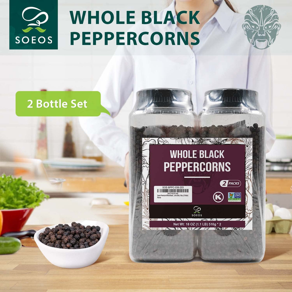 Soeos Black Peppercorns grinder refill for quick seasoning