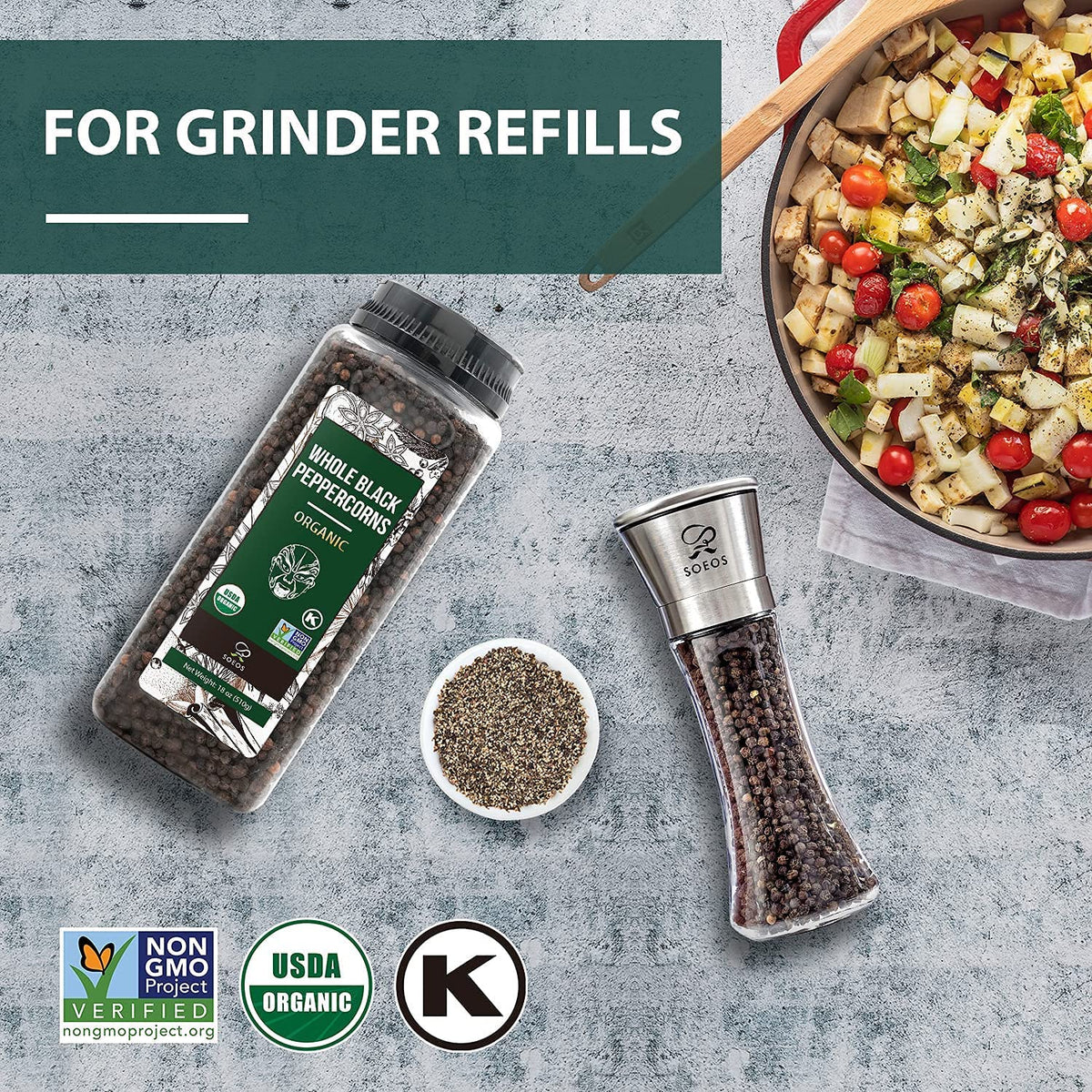 Soeos organic, non-GMO, kosher-certified peppercorns with clear label.