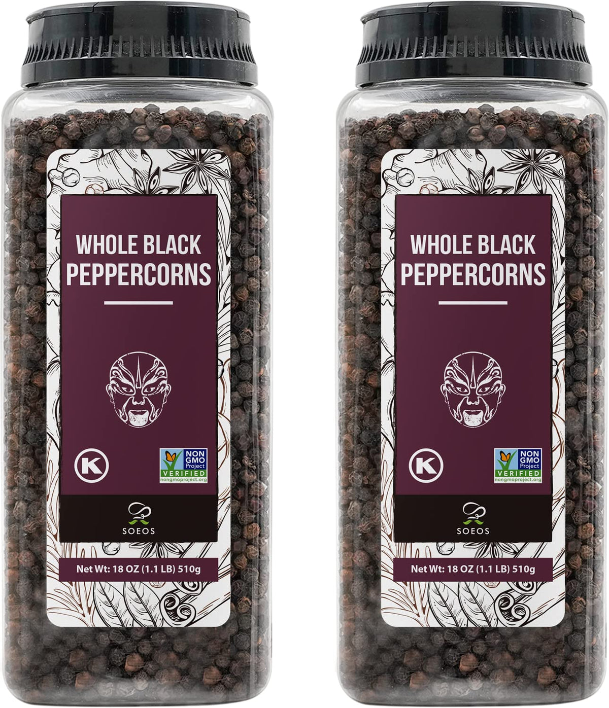 Soeos Black Peppercorns whole closeup for fresh grinding and aroma