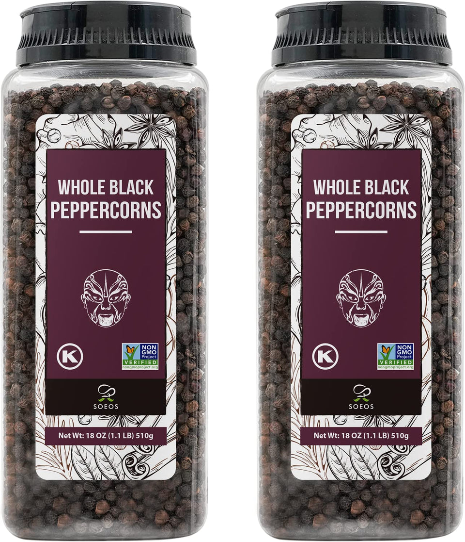 Soeos Black Peppercorns whole closeup for fresh grinding and aroma