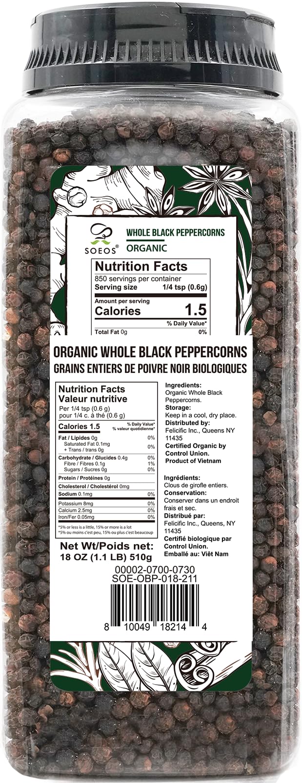 Soeos organic whole peppercorns closeup, showing rugged texture for rubs.