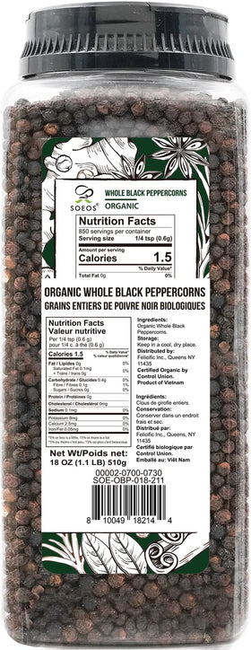 Soeos organic whole peppercorns closeup, showing rugged texture for rubs.