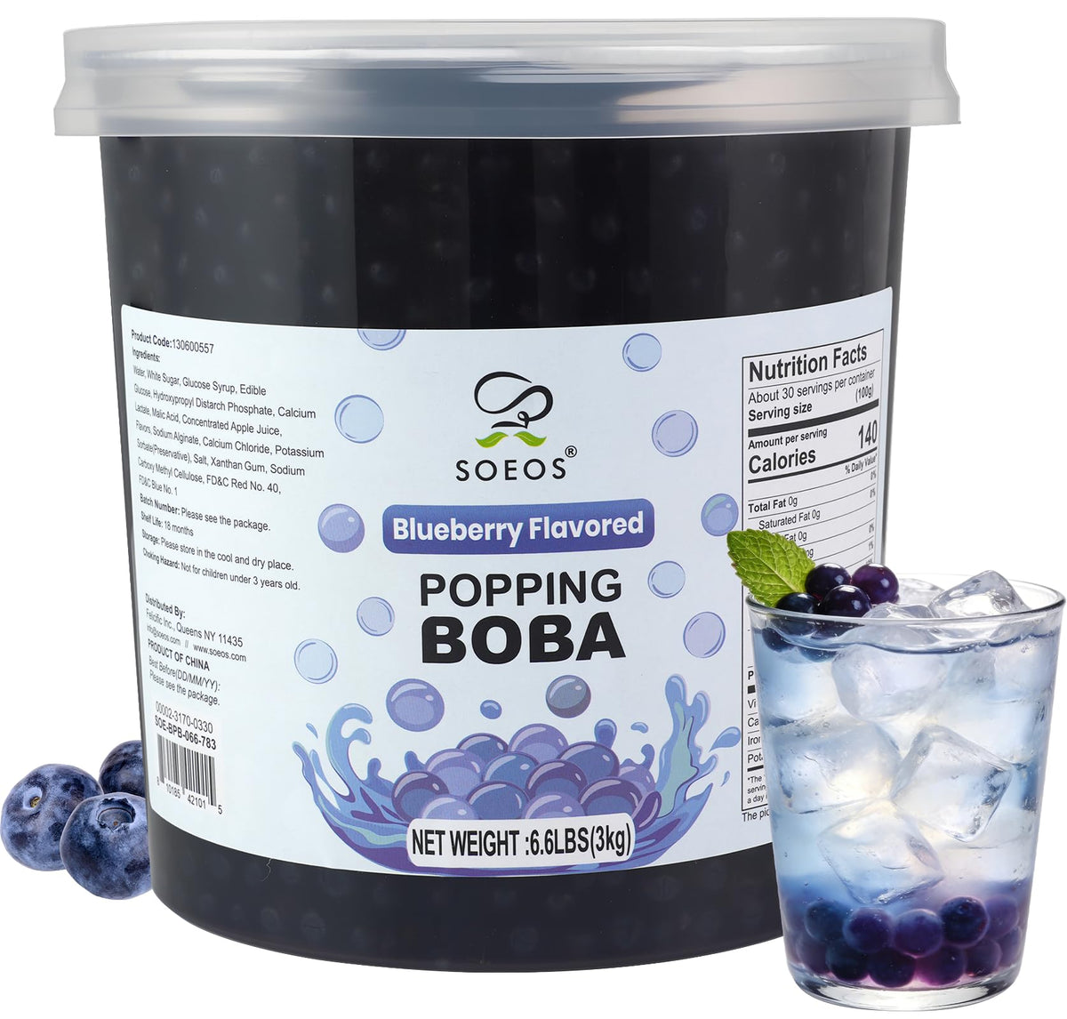 Soeos Blueberry Popping Boba pearls add vibrant color to bubble tea with a juicy center.