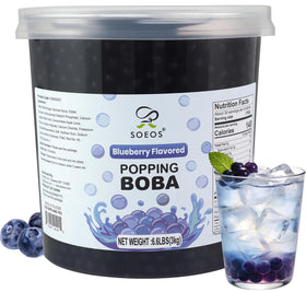 Soeos Blueberry Popping Boba pearls add vibrant color to bubble tea with a juicy center.