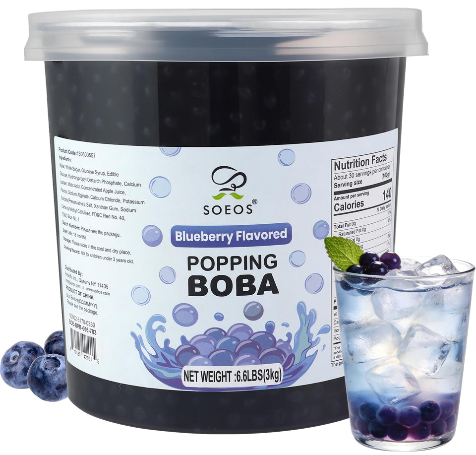 Soeos Blueberry Popping Boba pearls add vibrant color to bubble tea with a juicy center.