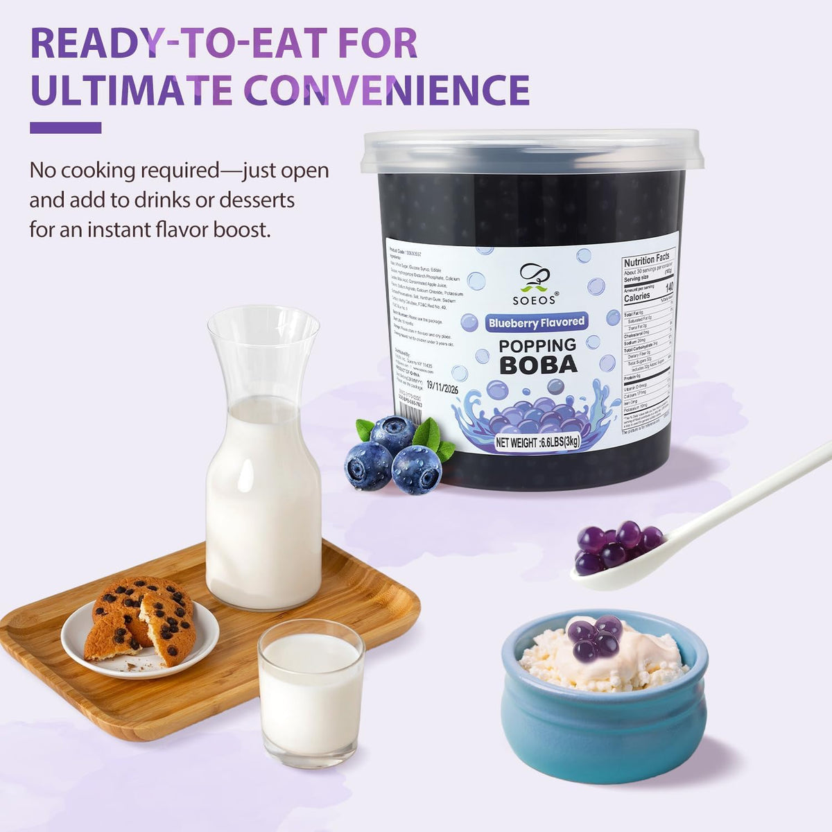 Soeos Blueberry Popping Boba enhances cocktails and mocktails with popping pearls.