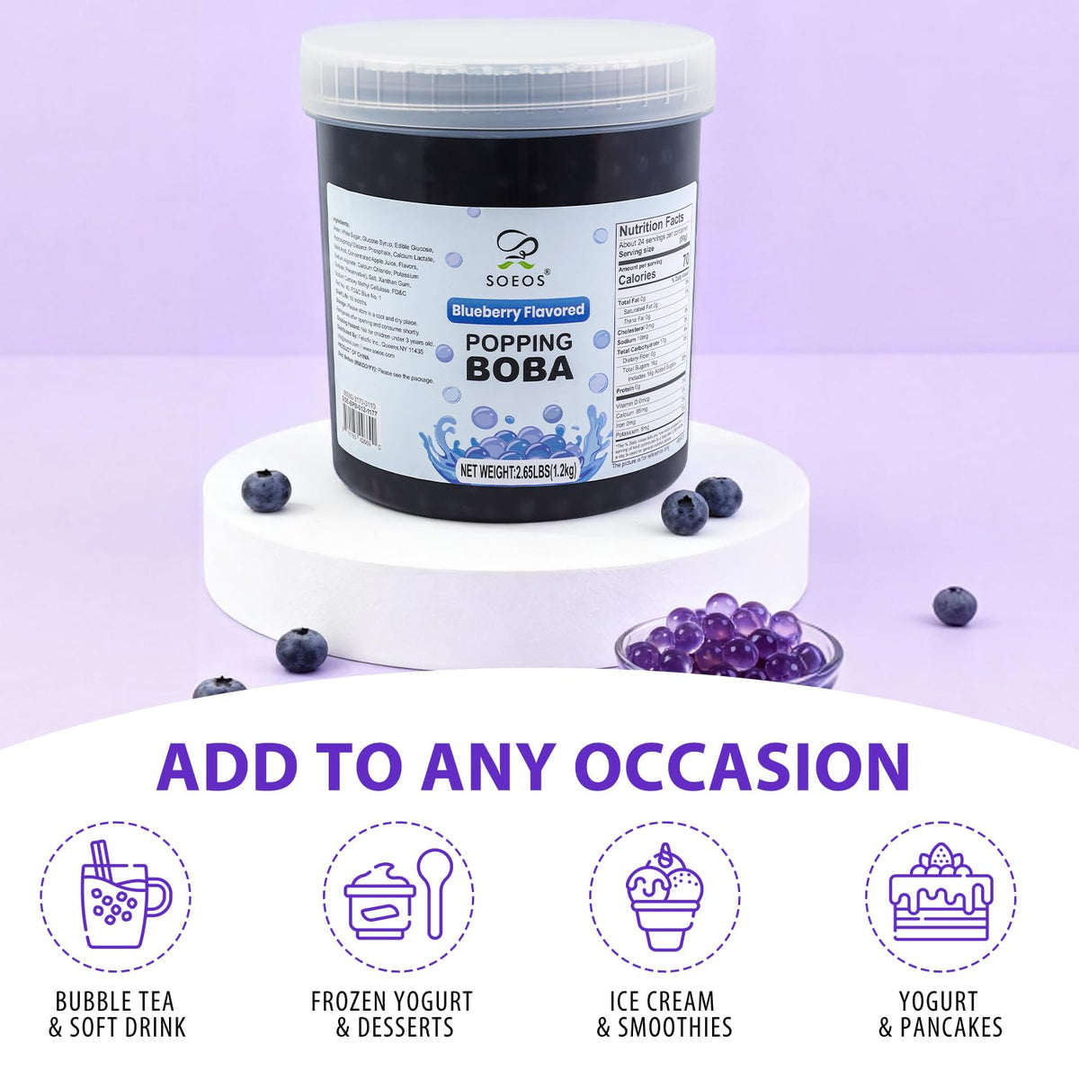 Soeos Blueberry Popping Boba Pearls in a ready-to-use tub showing freshness.