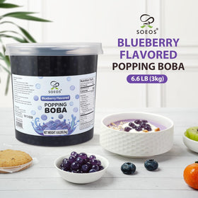 Soeos Blueberry Popping Boba jar ready to serve enhances drinks instantly.