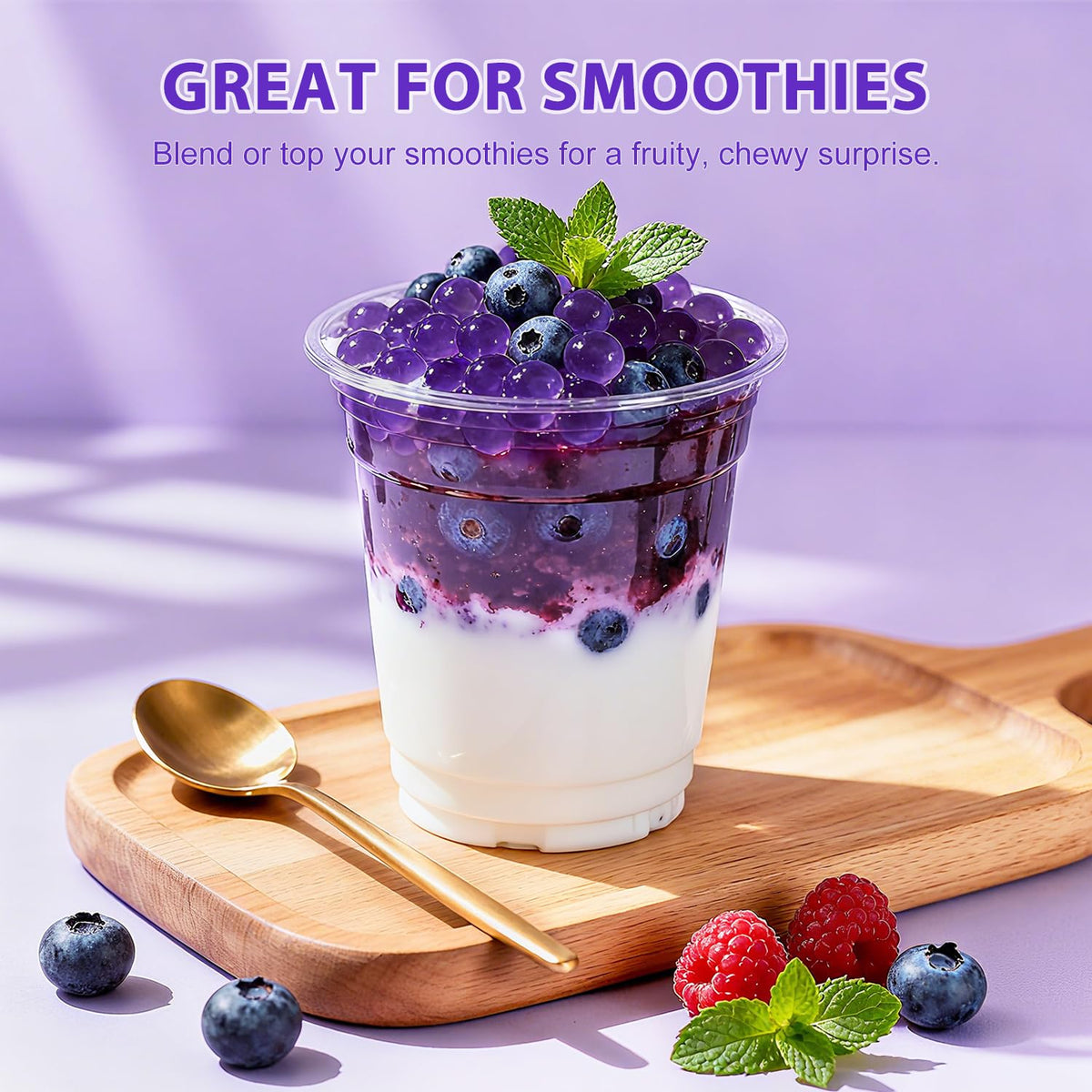 Soeos Blueberry Popping Boba Pearls served at a party.