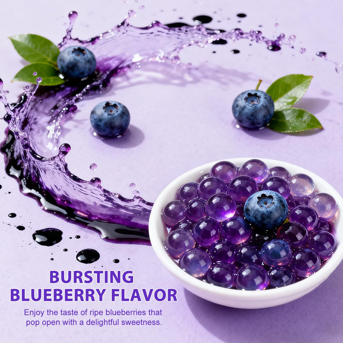 Soeos Blueberry Popping Boba Pearls close-up shows juicy centers for desserts.