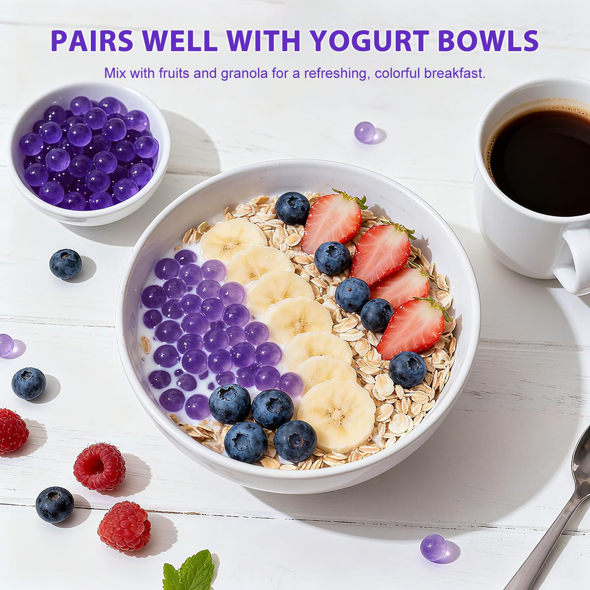 Soeos Blueberry Popping Boba Pearls on ice cream as a dessert topping.