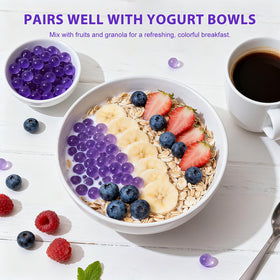 Soeos Blueberry Popping Boba Pearls on ice cream as a dessert topping.