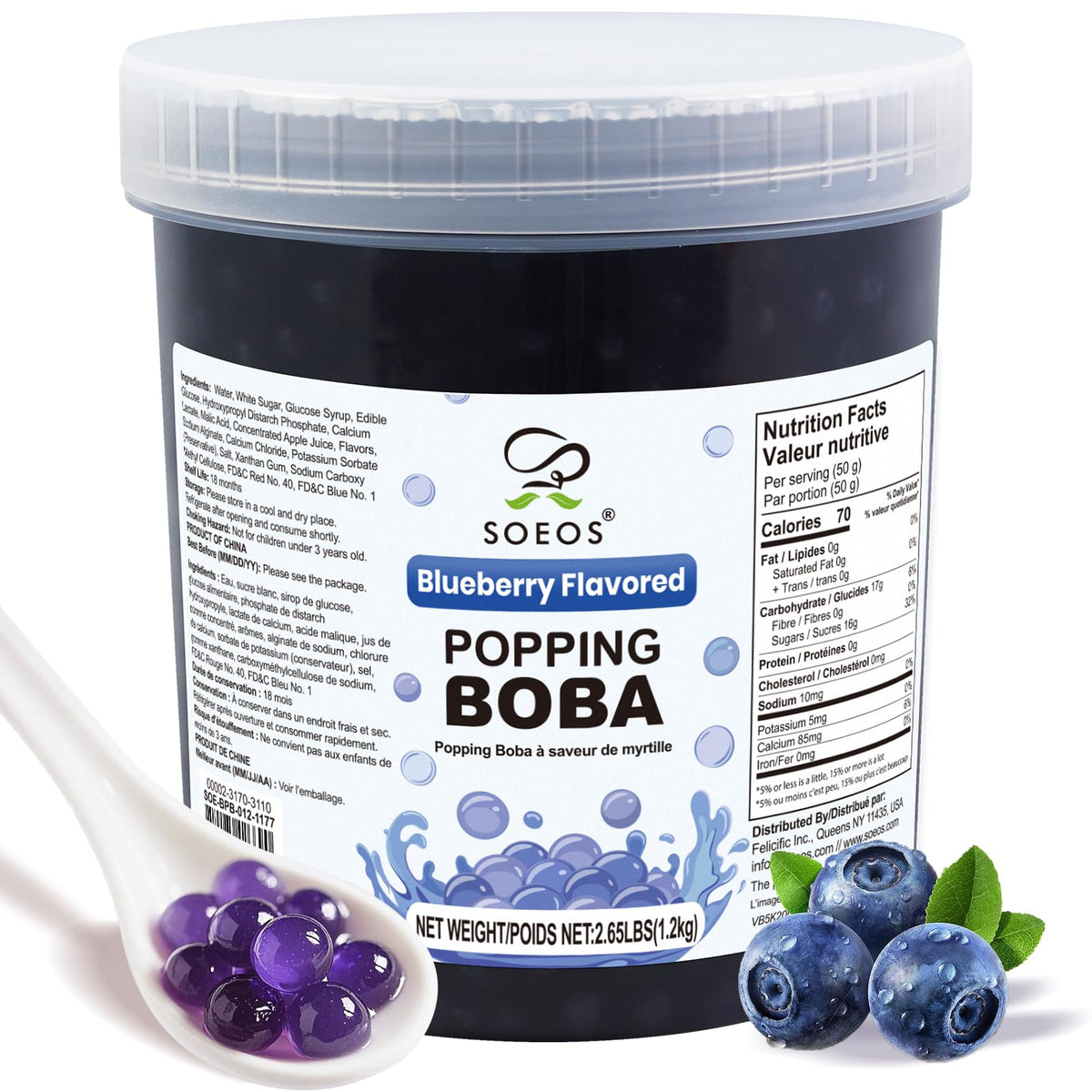 Soeos Blueberry Popping Boba Pearls tub with resealable lid keeps flavor fresh.