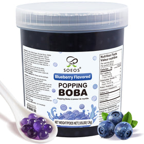 Soeos Blueberry Popping Boba Pearls tub with resealable lid keeps flavor fresh.