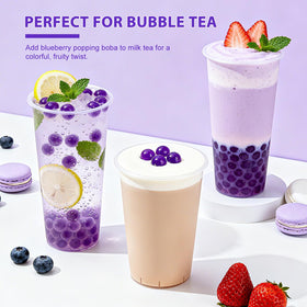 Soeos Blueberry Popping Boba Pearls topping a bubble tea drink.
