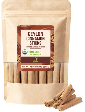 Soeos Ceylon cinnamon sticks 4oz pack, close-up for authentic baking and beverages.